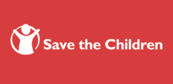 Red rectangle with hwite text saying save the children 
